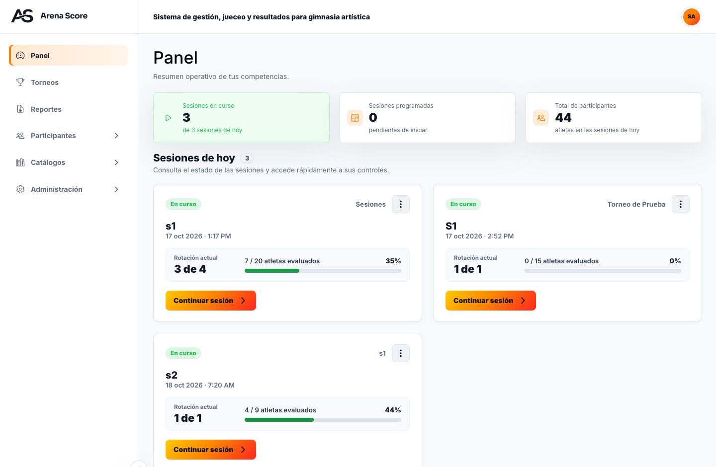 Interfaz real de ArenaScore: panel con sesiones en curso, rotaciones y progreso de evaluación.