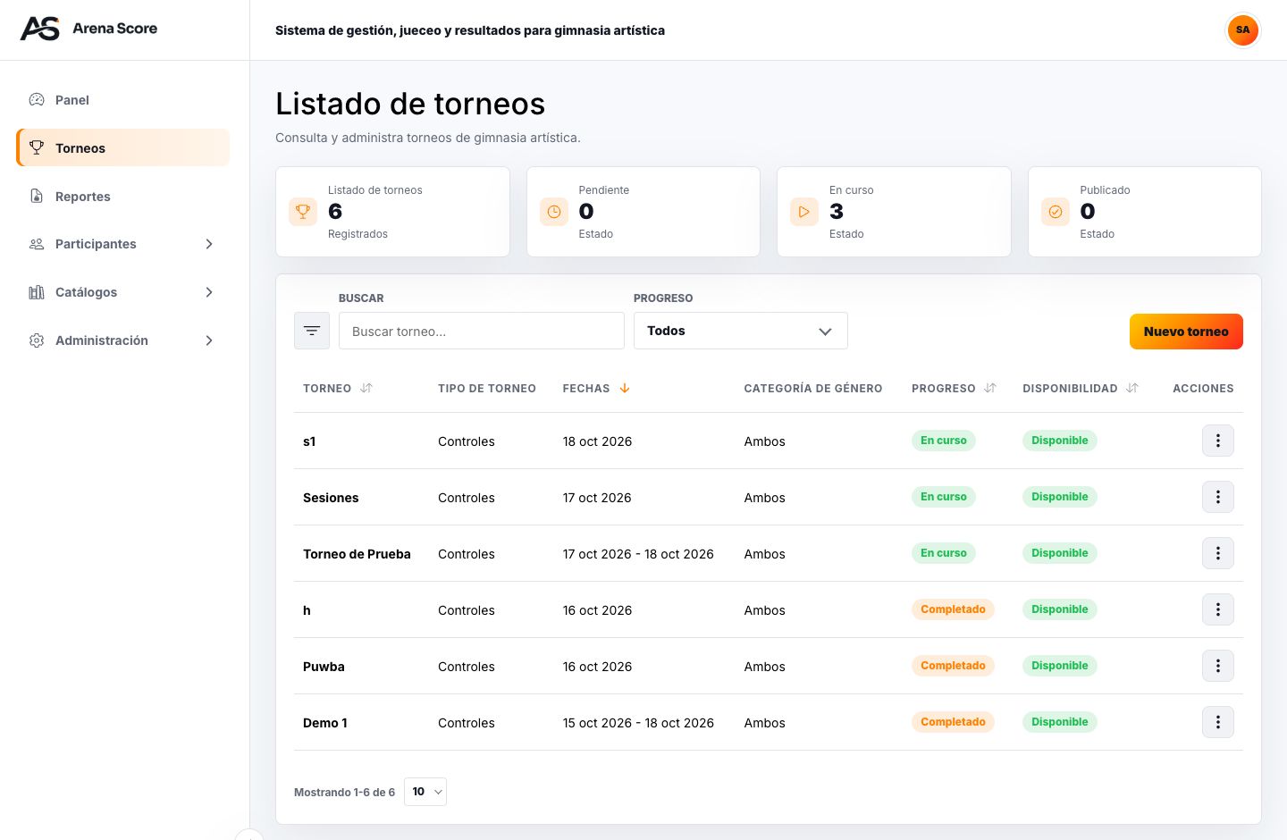 Interfaz real de ArenaScore: listado de torneos, estados y filtros de búsqueda.